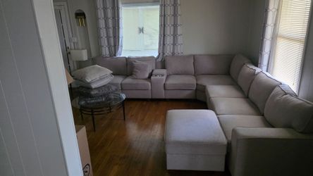 Sectional couch, tan color, 7 seats,