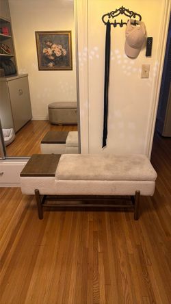 Upholstered Bench with Wood Frame and Shelf