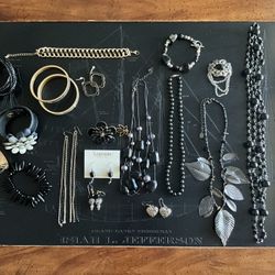 20 Pieces Of Costume Jewelry Mostly Black & Gold Tones 1 Signed. Lot #5