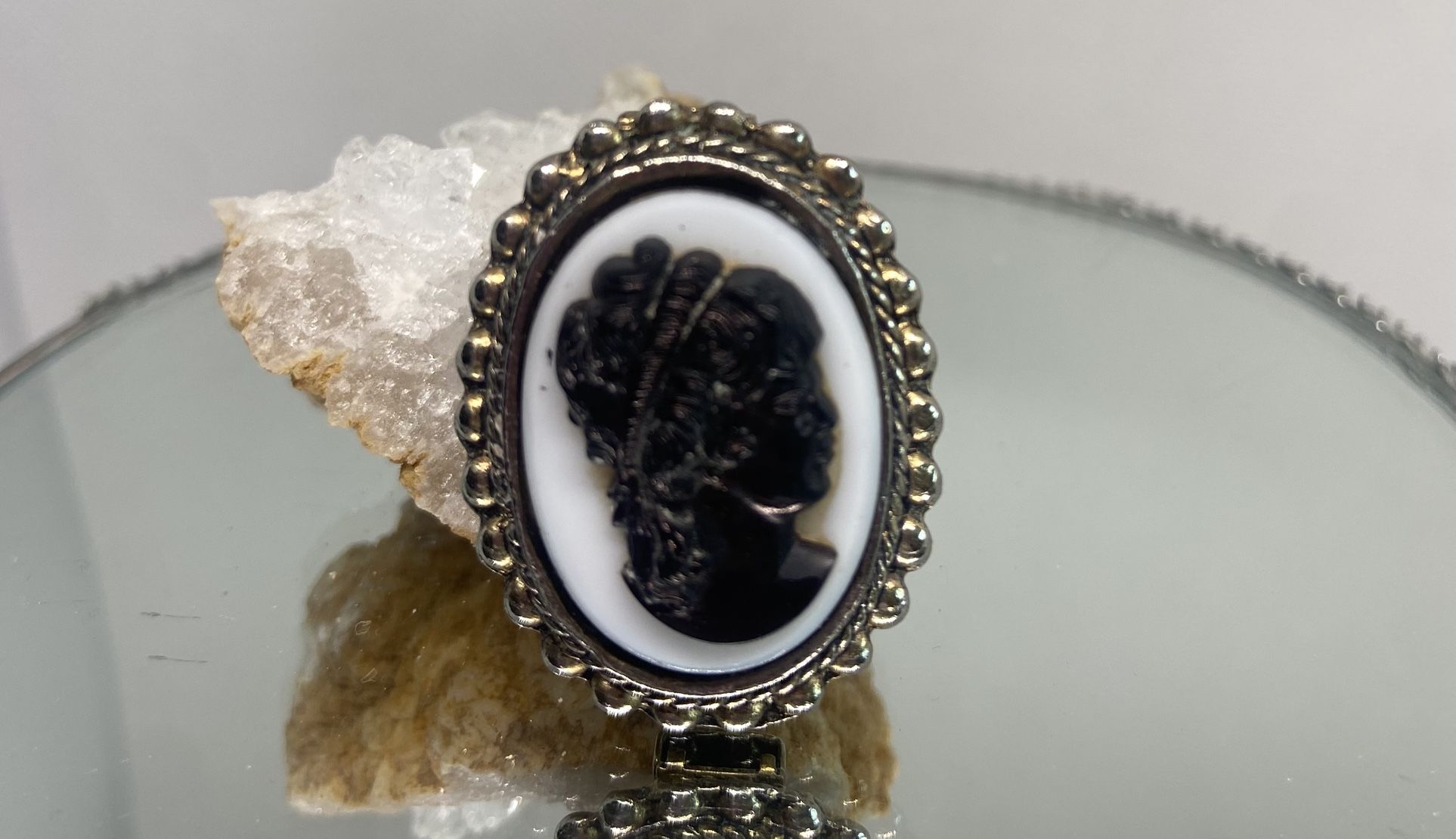 Vintage Milk Glass Black Glass Silhouette Women Raised Relief Brooch Or Connector