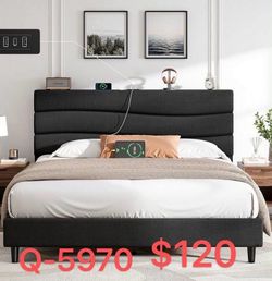 （Q-5970）EnHomee Queen Bed Frame with Upholstered Headboard & Charging Station