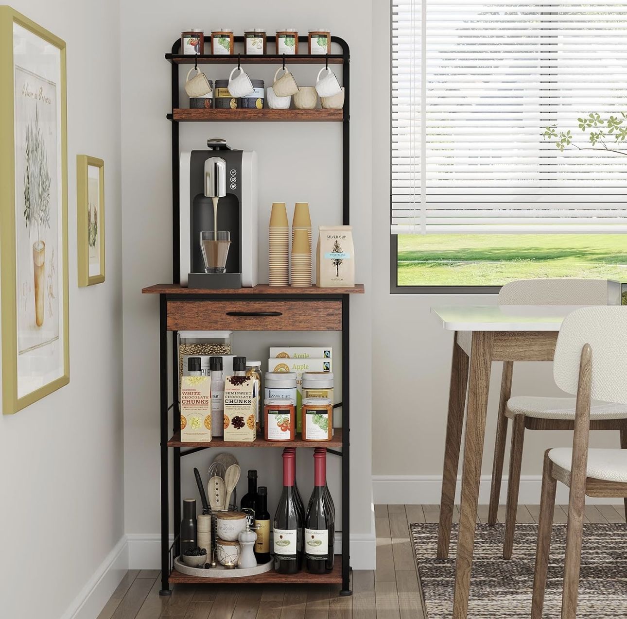Bakers Rack with Fabric Drawer, Microwave Oven Storage Stand, Bakers Rack for Coffee Stand Station, Home Kitchen Organizer, Brown