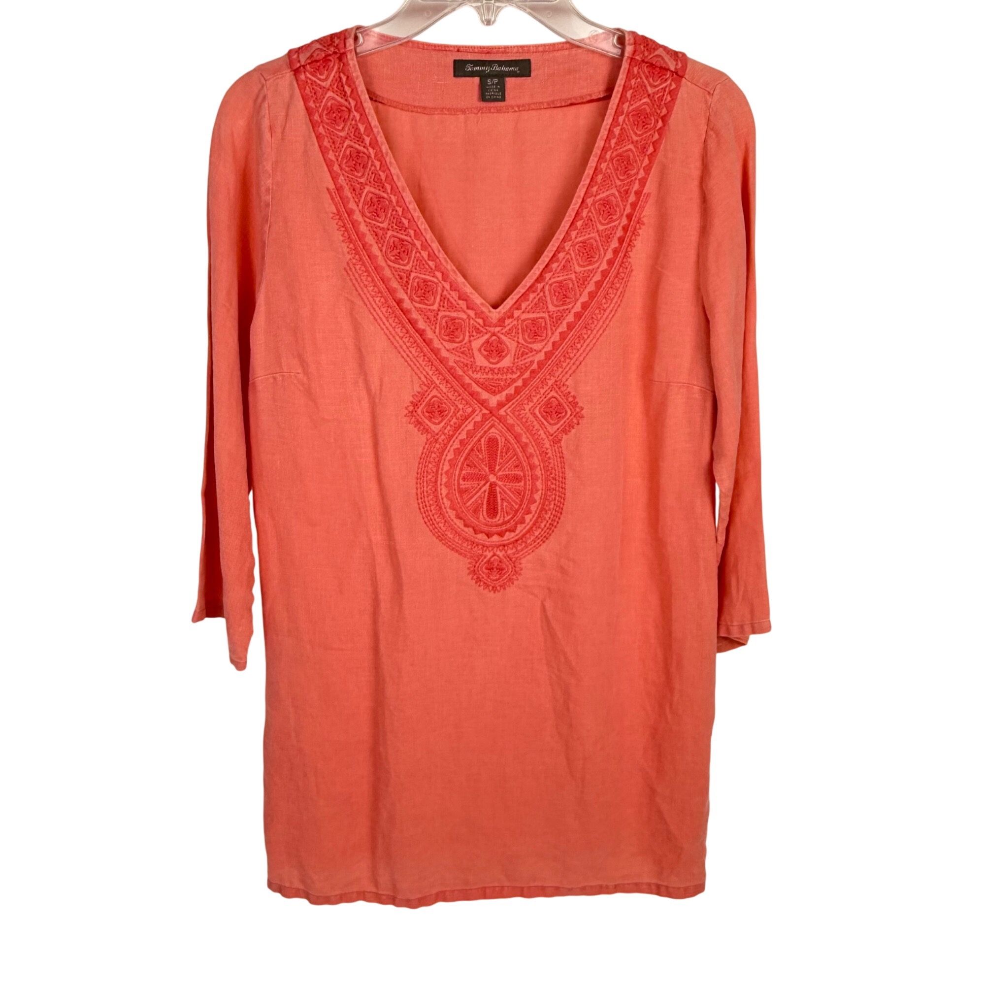 Tommy Bahama Women's Embroidered Linen Top 3/4-Sleeve V-Neck Small