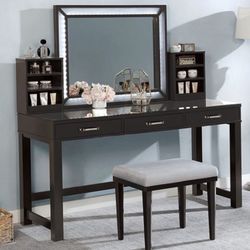 Obsidian Gray Vanity With Stool With Glass See Through Top And Side Shelves 