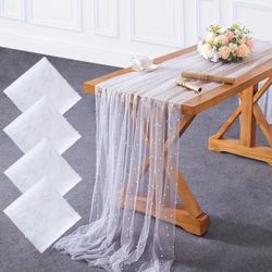 A Pack of 4 Pearl Beaded Tulle Runners Tablecloth Decoration 