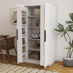 White Wood Pantry Organizer with Doors and Shelves Freestanding Kitchen Cupboard Buffet Cabinet Accent Storage Cabinet

