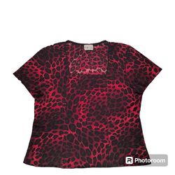 Women's Red Leopard Print Short Sleeve Blouse Top Size XL 