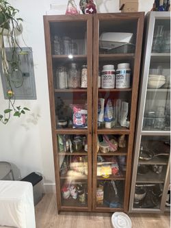 Tall Wood Glass Door Storage Cabinet