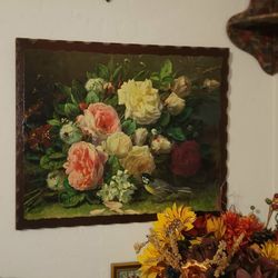 VINTAGE WOOD JEAN-BAPTISTE ROBIE FRAGRANCE IN BLOOM ROSE BIRD PAINTING PICTURE ART PLAQUE DECOR