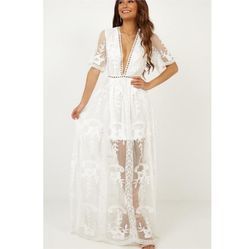 Elegant White Lace Maxi Dress Size 8