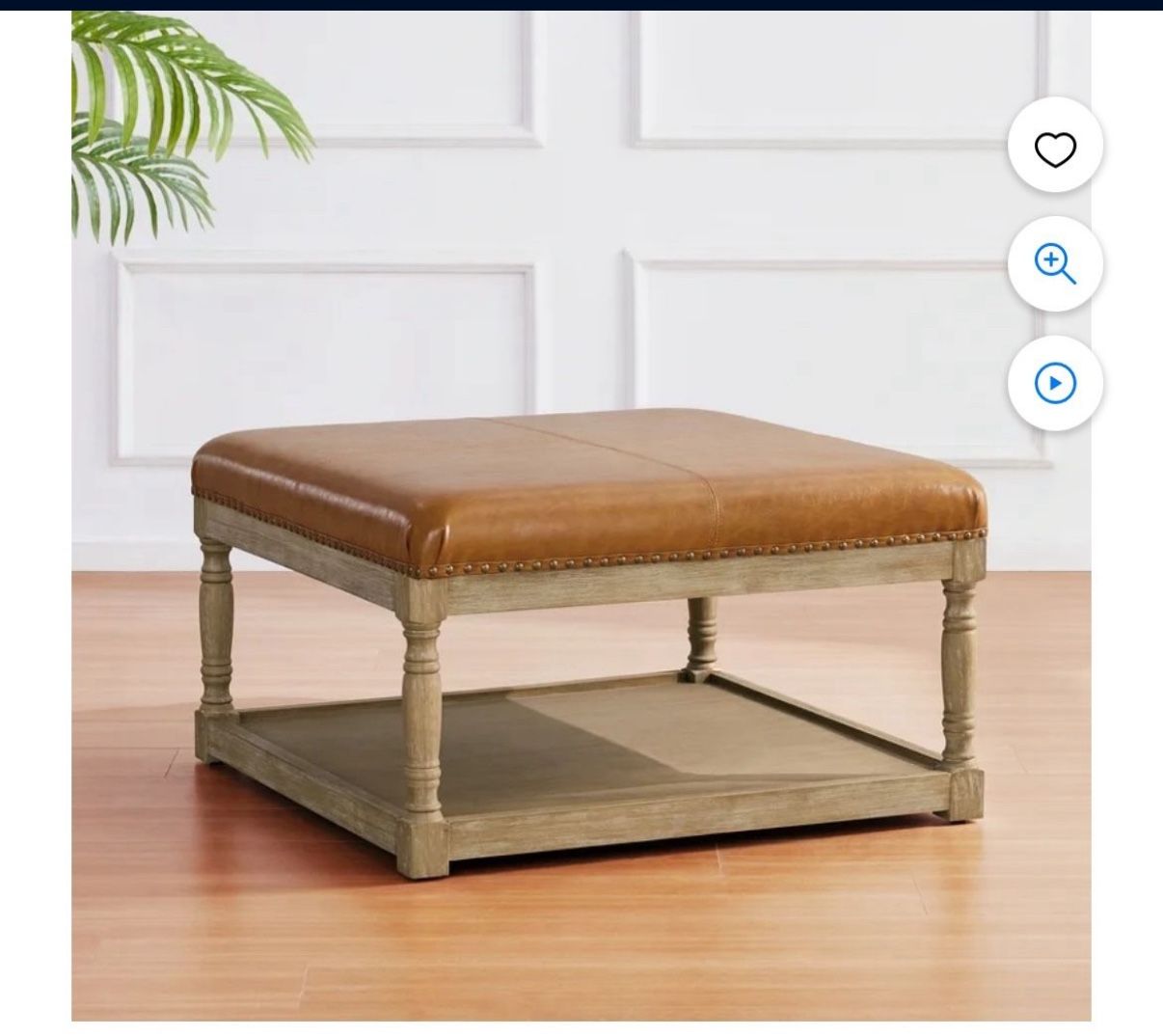 Large Square Ottoman Coffee Table for Living Room, Upholstered Tufted Faux Leather Footrest Storage Ottoman with Solid Wood Shelf, Footrest Stool (Bro