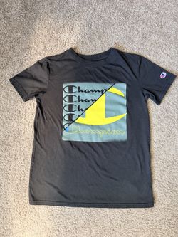 Champion Black Graphic Tee — Large C Logo, Size L, Pre-Owned