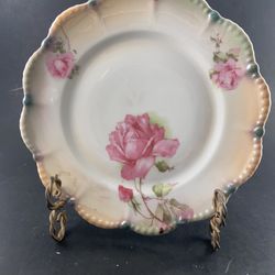 VTG Porcelain Hand-Painted Pink Rose Lustreware Decorative Bread Plate / Cake Plate-stand not 4 sale