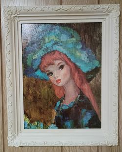 Mid Century Vintage Maio Art Print 'Serenade In Blue' Hard Plastic Frame Kitschy Red Head Girl