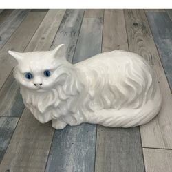Vintage Large Mold Ceramic Cat Statue Figurine Persian Laying down Blue Eyes