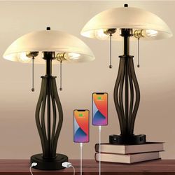 New Bedside Table Lamps for Living Room End Tables Set of 2 with 2 USB Port and Outlet Mid-Century Nightstand Lamps for Bedroom