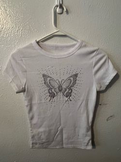 White Rhinestone Butterfly Baby Tee – Size S