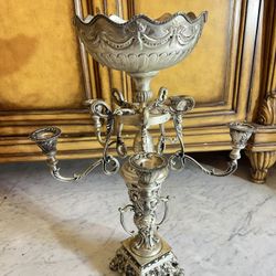 Antique 5-Arm Candelabra with Bowl – Ornate Metal Candle Holder – Vintage Elegance