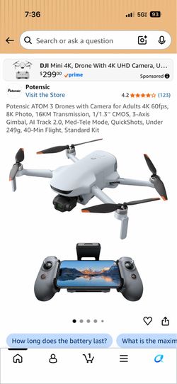 Potensic ATOM 3 Fly More Combo(RC PTD 2), Drones with Camera for Adults 4K 60fps, 8K Photo, 5.5’’ Display, 120-Min Flight, 16KM Transmission, 1/1.3’’