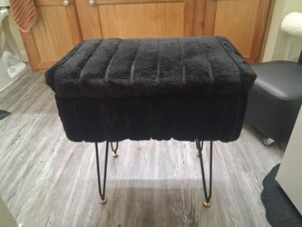 Black Faux Fur Ottoman with Hairpin Legs