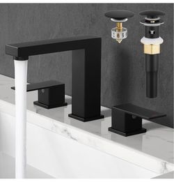 KES All Metal Black Bathroom Faucets with Pop Up Sink Drain with Overflow, 8 Inch Widespread Bathroom Faucet 3 Hole Vanity, SUS 304 Stainless Steel Ma