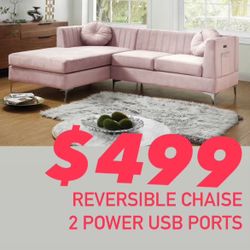 Brand New Pink Velvet Glam Reversible L Shape Sectional