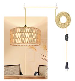 13" Gold Plug in Pendant Light, Boho Rattan Farmhouse Hanging Lamp Rotary Dimmer Switch, 15FT Cord, Fabric & Rattan 2-in-1 Shade, Hanging Light Fixtur