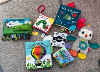 Soft cover baby books and owl plushie