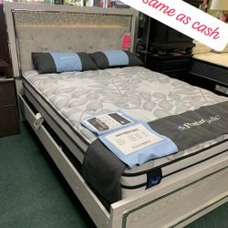 $10 Down Finance Total $1690 Ashley LED Upholstered Bedroom Set Queen Or King Bed Dresser Nightstand Mirror And Chest Free Matress Free Delivery 