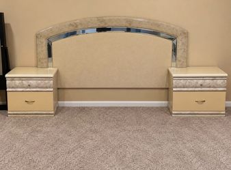 Vintage Italian-Style Lacquer Bed headboard with matching two nightstands