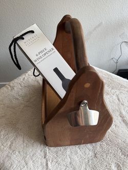 Wooden picnic carrier (with bottle opener) and wine opening kit