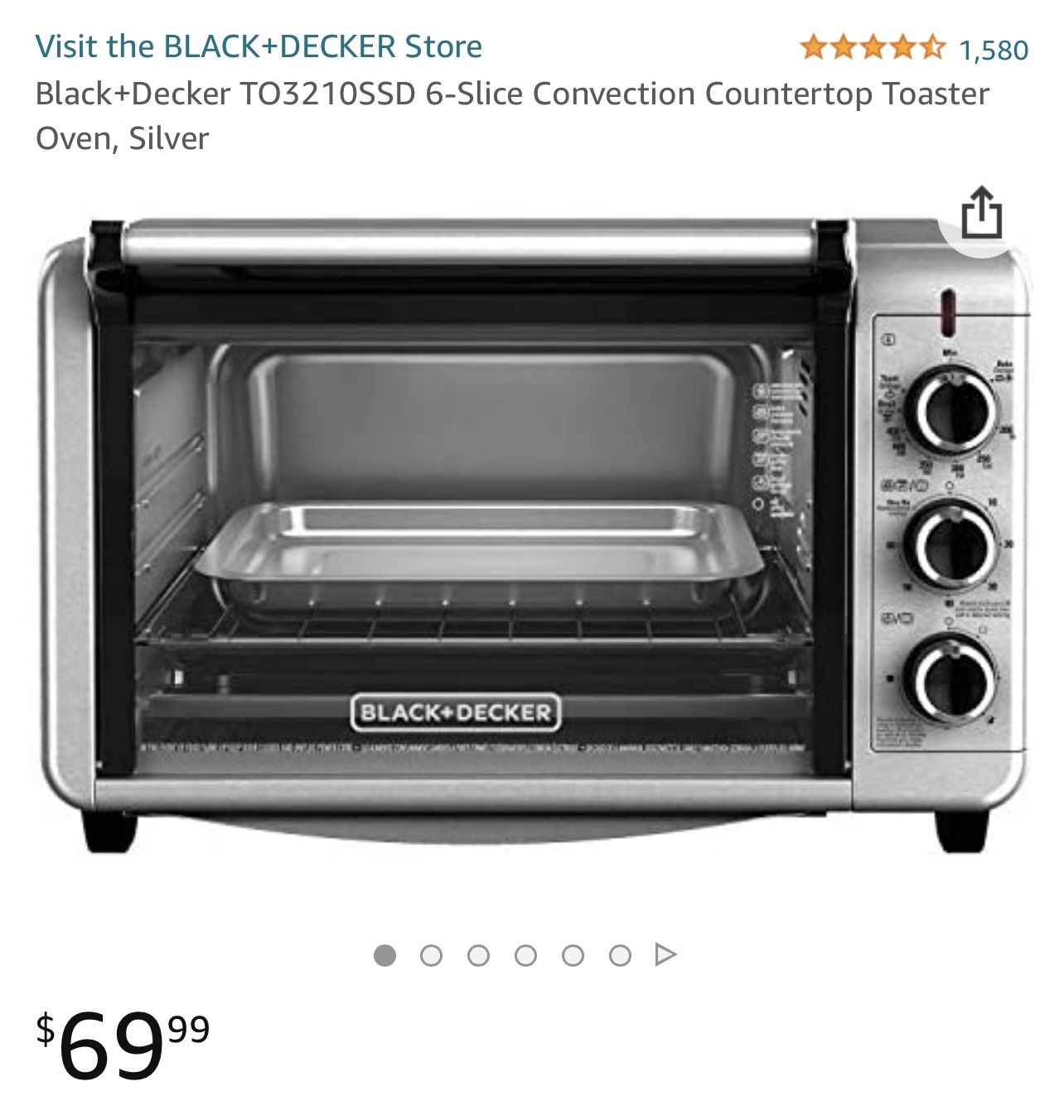 Black+Decker TO3210SSD 6-Slice Convection Countertop Toaster Oven, Silver - NEW