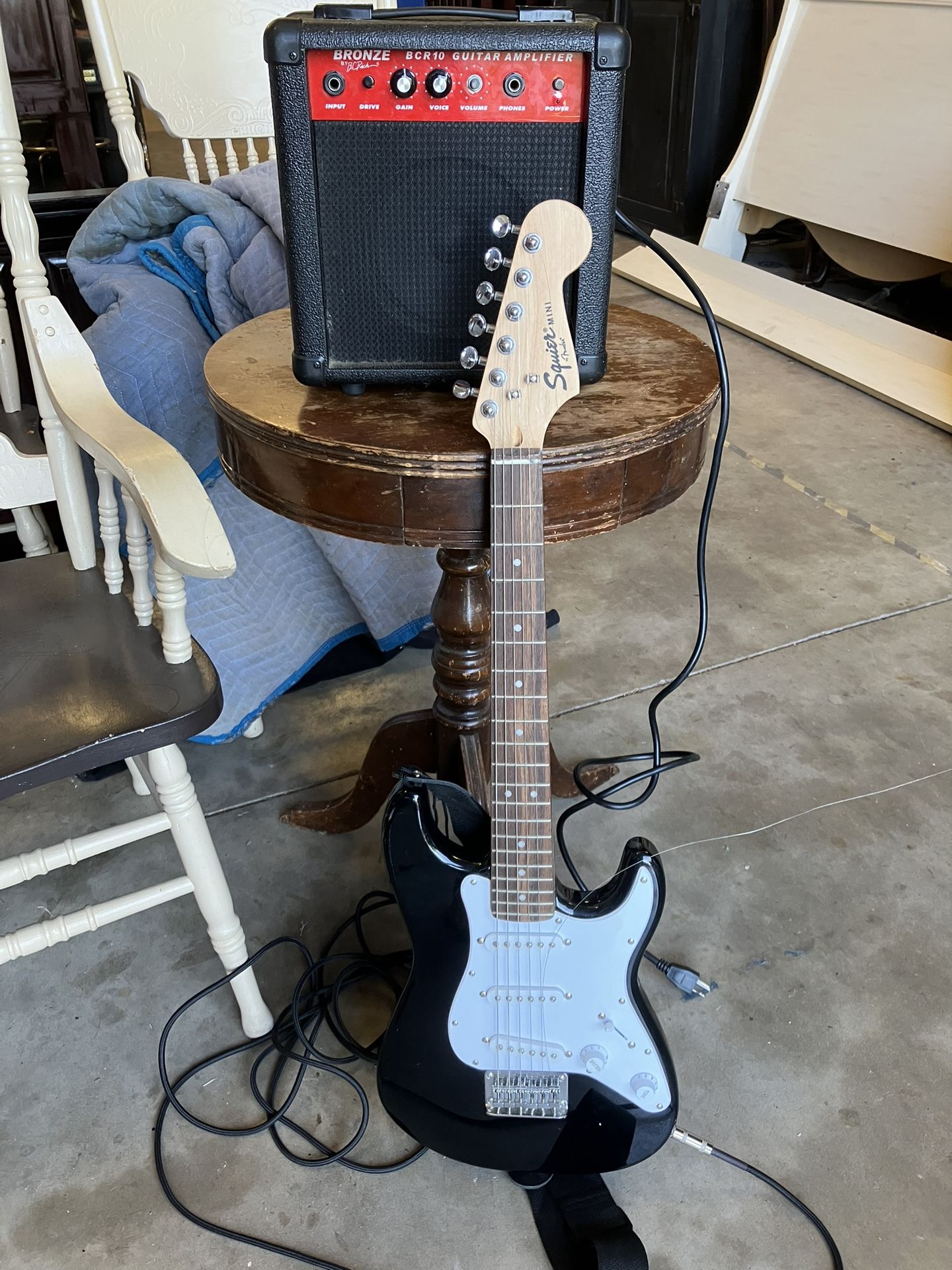 Mini Fender Guitar, Cord And Amp