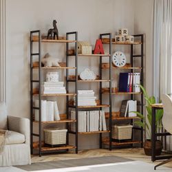 Bookcases and Bookshelves Triple Wide 5 Tiers Industrial Bookshelf with Baffles Large Etagere Bookshelf with Metal Frame for Living Room Home Office