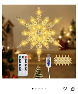 Christmas Tree Star Topper, 3D Tree Toppers Christmas Decorations with LED Lights 8 Lighting Modes Dimmable Timer USB Powered for Xmas Home Holiday Pa