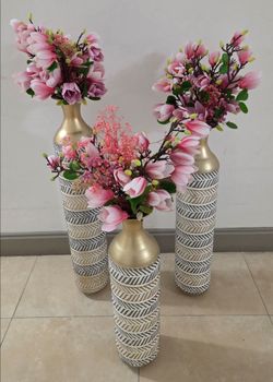 *** SPECIAL SALE *** TRIO of Floor Vases (24, 29 and 34 inch) with Pink / Purple Faux Magnolia Stems and Gypsophila @ Lasting Creations