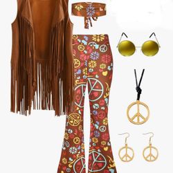 60s 70s Outfit For Women Hippie Costume 8pcs Fringe Vest Flared Pants Costume Peace Sign Necklace Earrings Size M