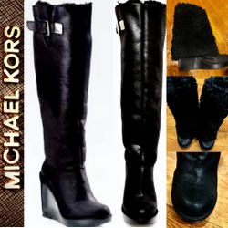 MICHAEL Kors Y2K CALISTA Knee-High Fur-Lined Platform Wedge sparkly boots 8.5