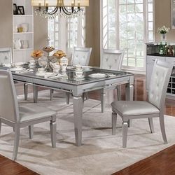 Brand New Silver 7pc Formal Dining Table Set