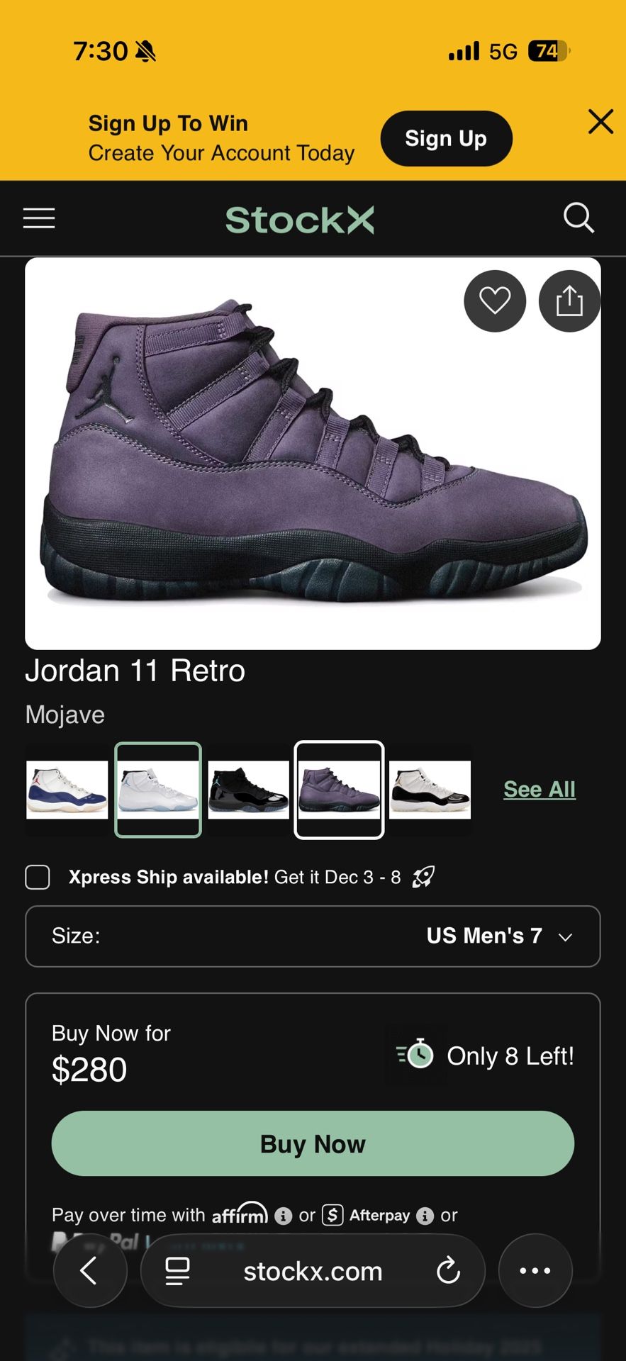 Air Jordan 11 Mojave DS Size 7