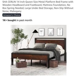 SHA CERLIN 14 Inch Queen Size Metal Platform Bed Frame with Wooden Headboard Mahogony D2