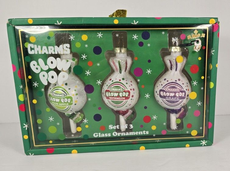 Charms Blow Pop Christmas Glass Ornaments Lollipop Candy Retro Set of 3
