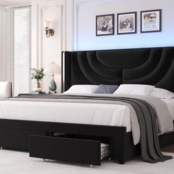 QUEEN BED BLACK Upholstered LED Bed 2 Storage Drawers, Velvet Platform Bed
