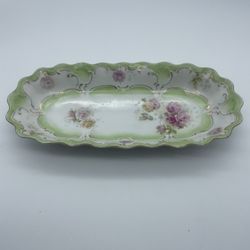 Floral Porcelain Oval Candy Dish Green Pink White Decorative Glossy Finish