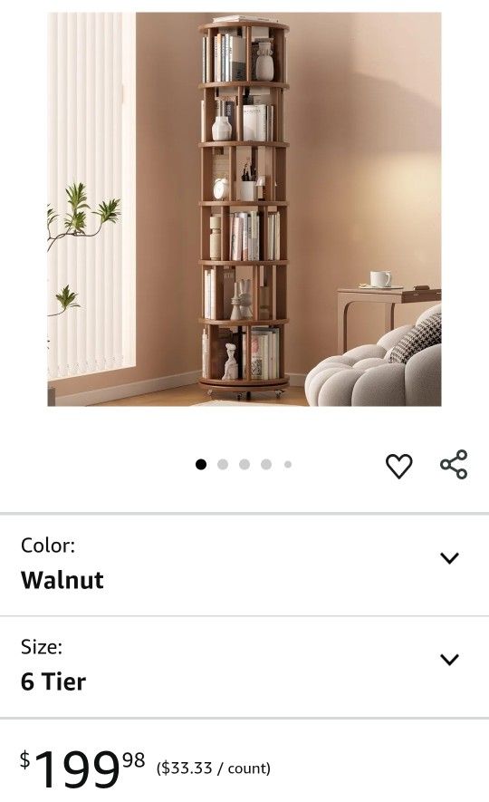 Solid Wood Rotating Bookshelf on Wheels, 6 Tier, Round Revolving Bookcase, 360° Spinning Book Shelf Tower for Kids, Narrow Rolling Bookshelves for Sma