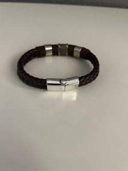 Men’s Brown Leather Braided Bracelet with Stainless Steel Accents - Magnetic Clasp