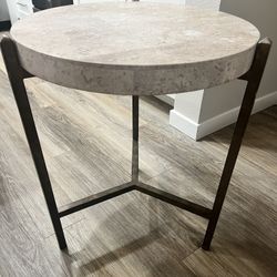 Modern Round Stone Side Table with Metal Base