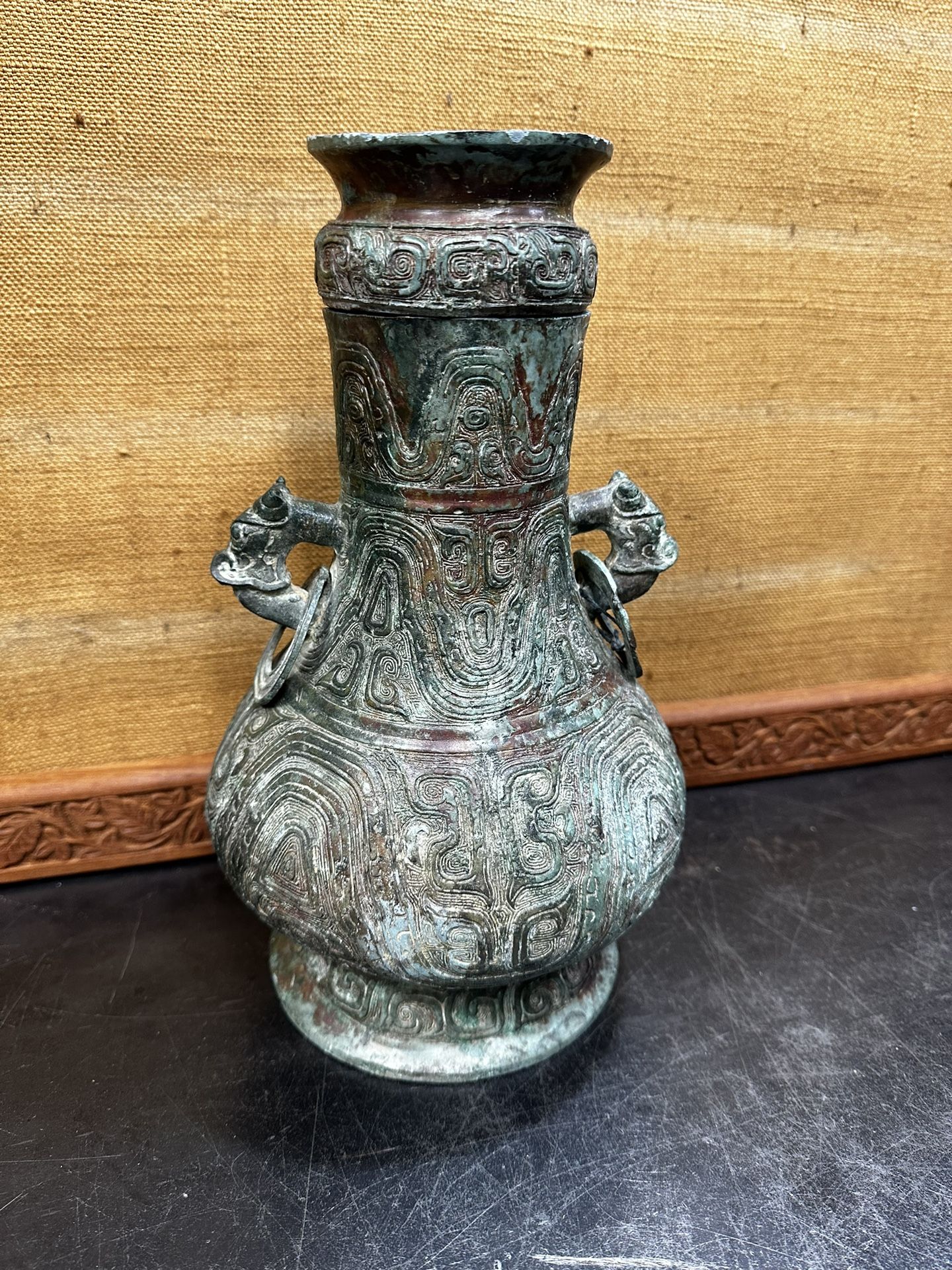 Antique Chinese Western Zhou Dynasty Style Bronze Ware Beast Vase Bottle Qing