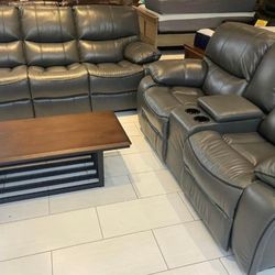 Winter clearance sale. Madrid, gray leather reclining sofa and loveseat set only $1199. Easy finance option. Same-day delivery.