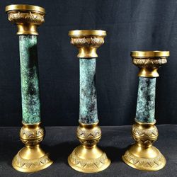 Marble Colored And Brass Candle Holders